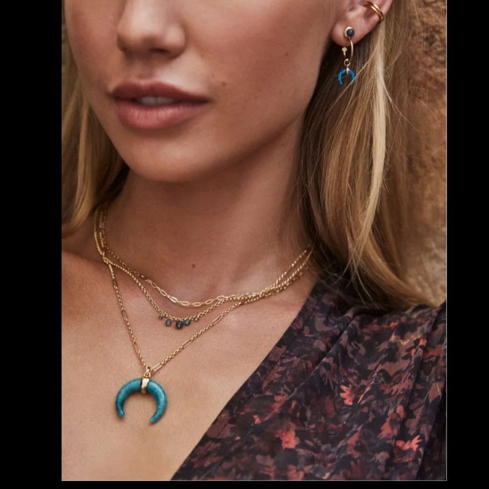 NWT KENDRA SCOTT GEMMA TEAL LABRADORITE 3 STRAND NECKLACE & HUGGIE EARRINGS SET - Picture 2 of 10